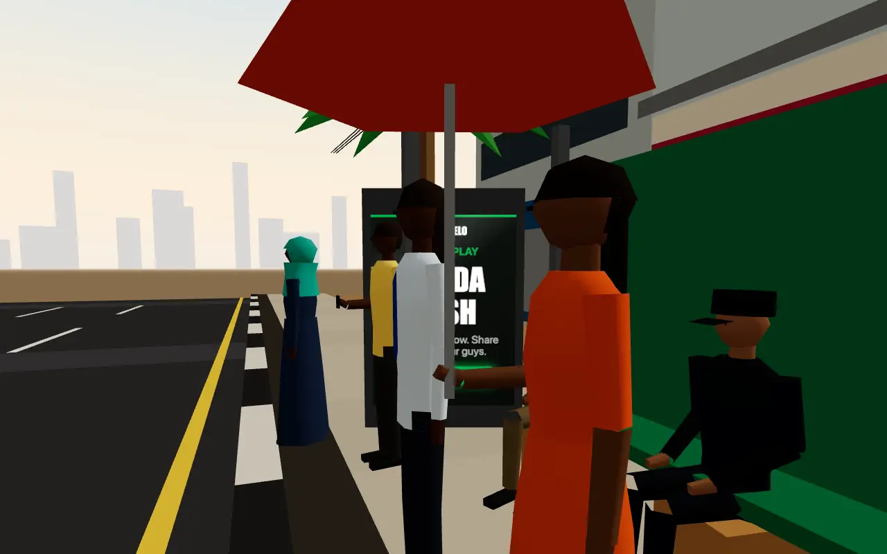 Okada Dash: passengers wait at a bus stop beside a sign carrying an advert