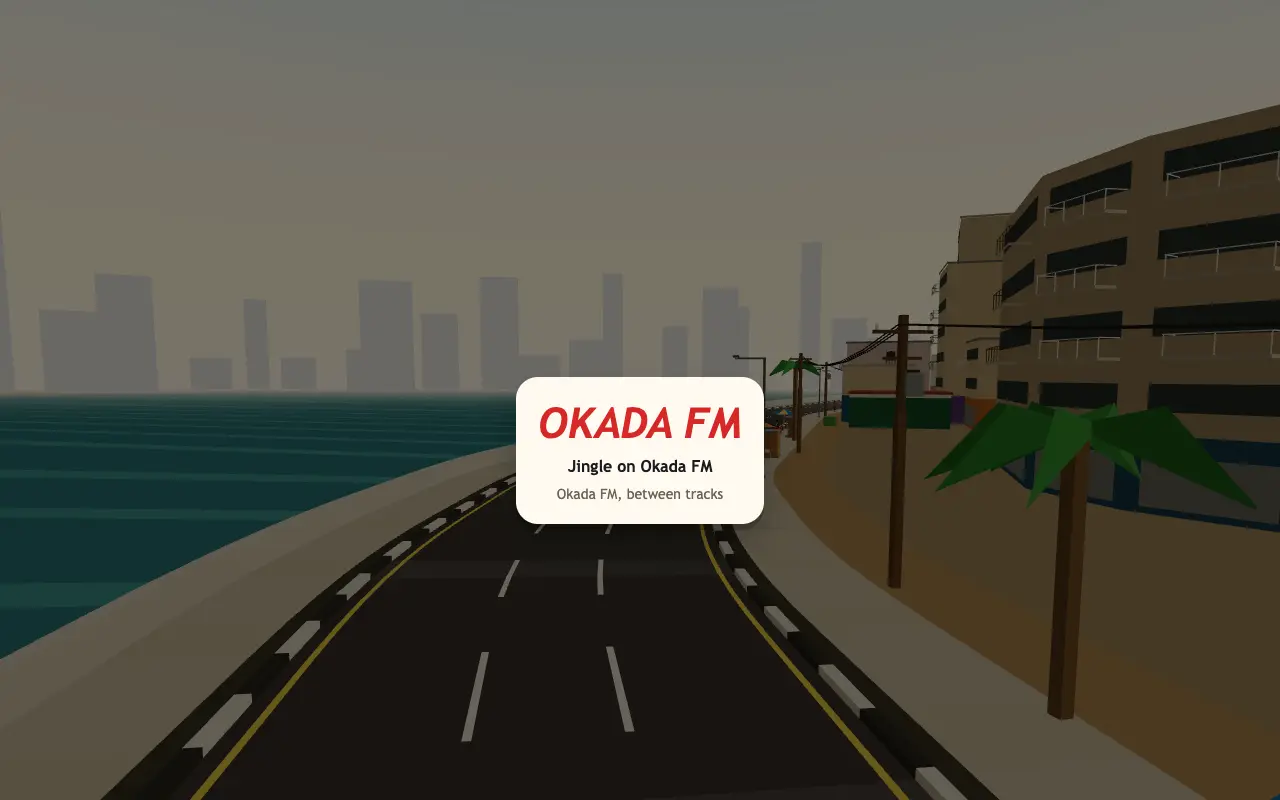 Okada Dash: a jingle card for Okada FM over the road beside the lagoon