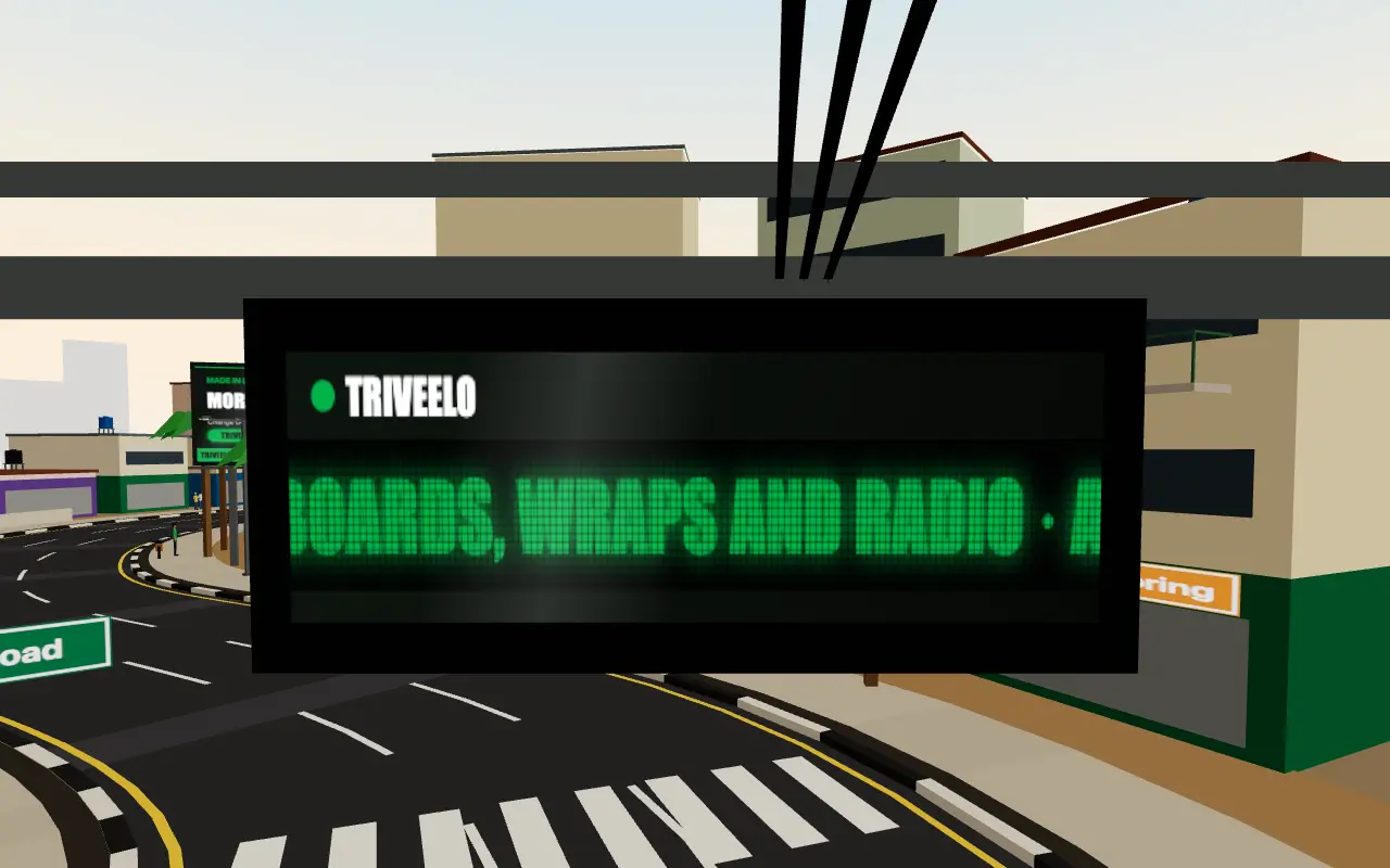 Okada Dash: a lit shout-out board above the road with a scrolling message