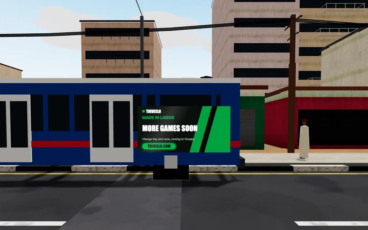 Change Dey: a blue and white bus passes with a Triveelo advert along its side