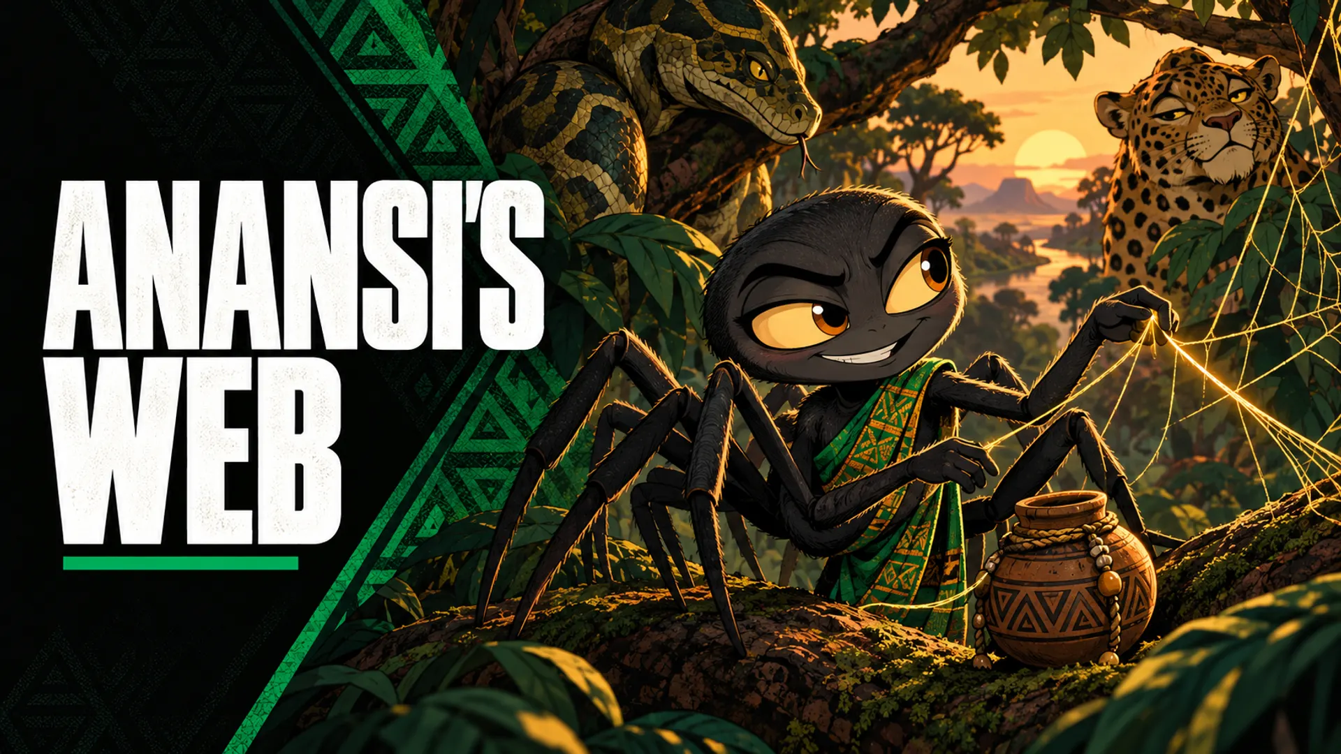 Anansi's Web: a sly spider holding a golden web thread with Python, Leopard and a wisdom pot in a dusk forest