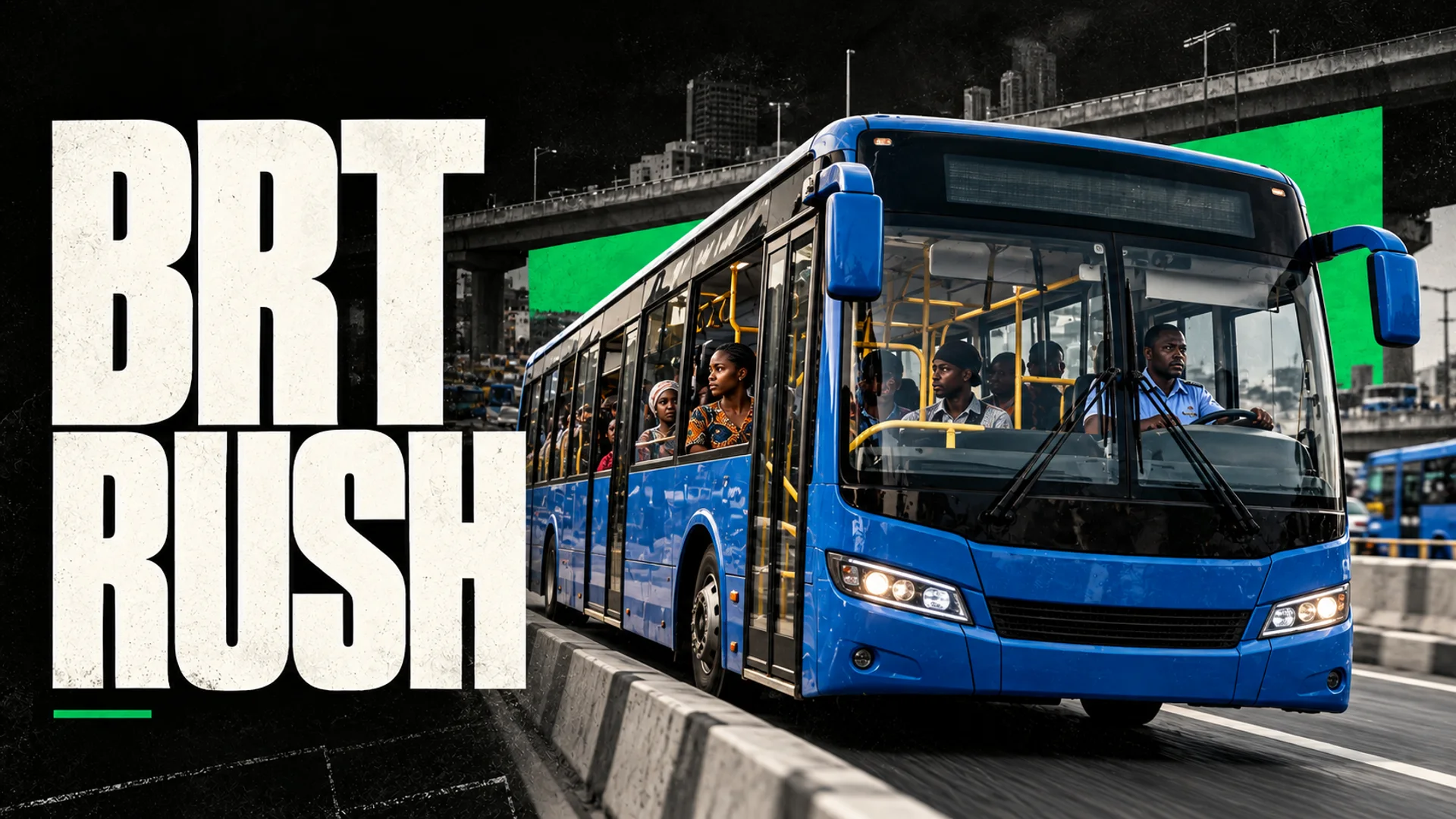 BRT RUSH: A blue BRT bus carrying passengers through a city corridor
