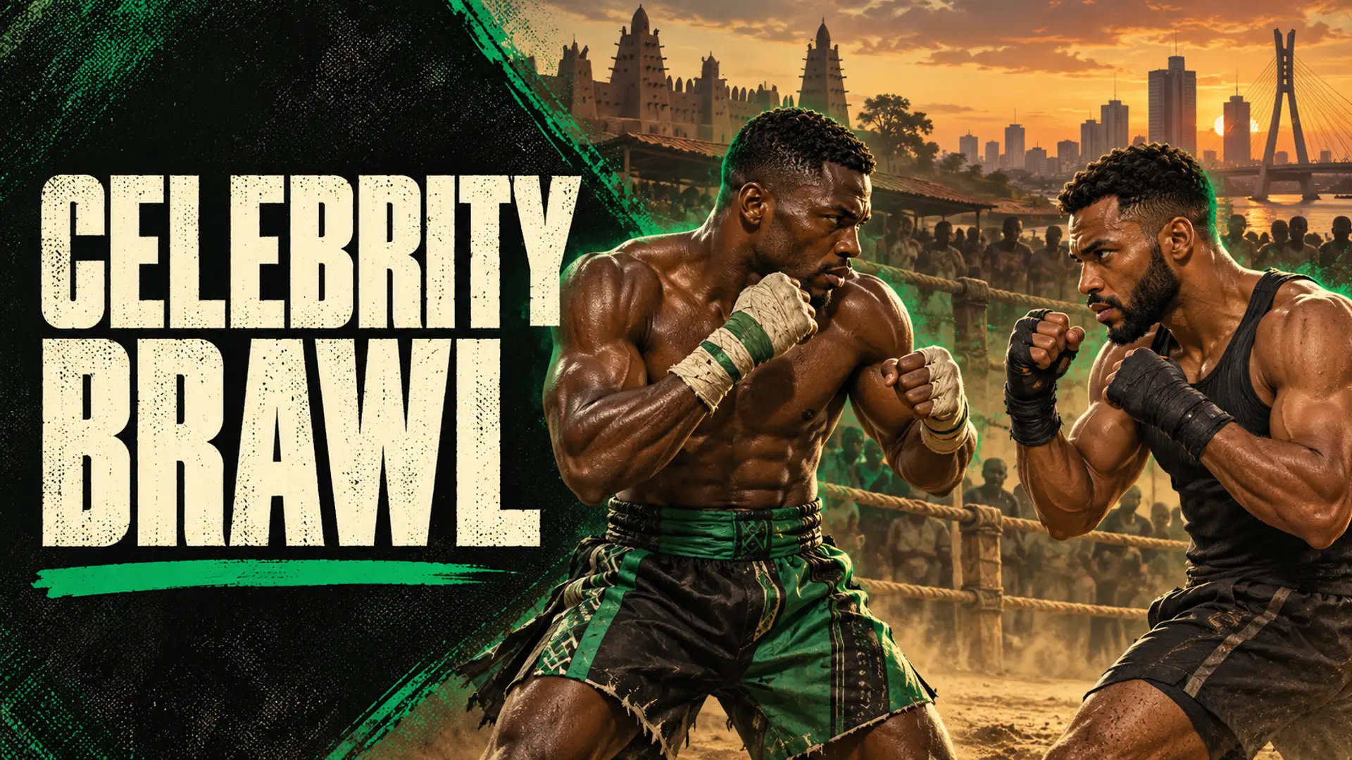 Celebrity Brawl: two original adult fighters facing off in a dusty Nigerian arena, beside the cream title