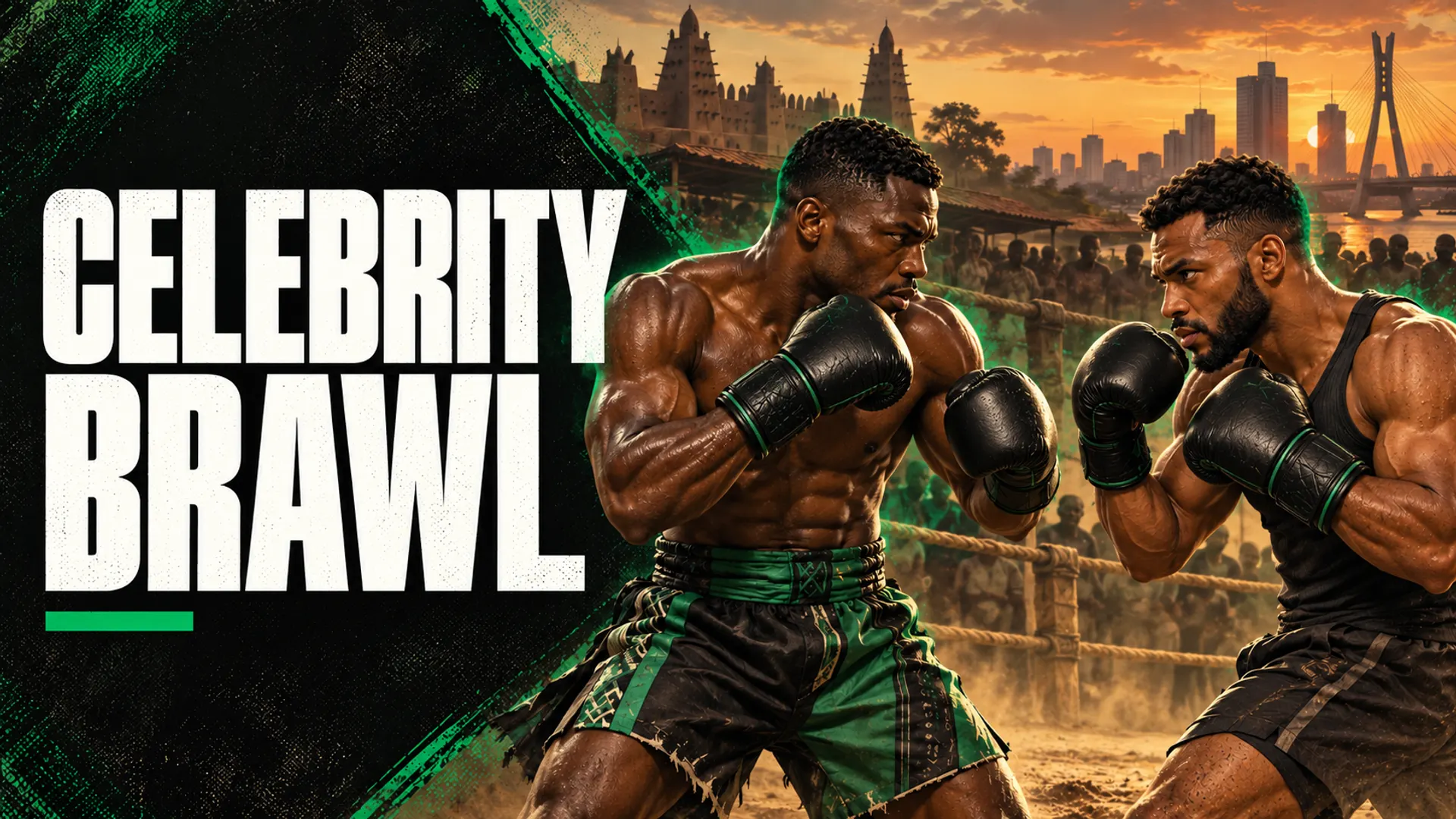 Celebrity Brawl: two adult fighters wearing black padded boxing gloves beside a white title and straight green line