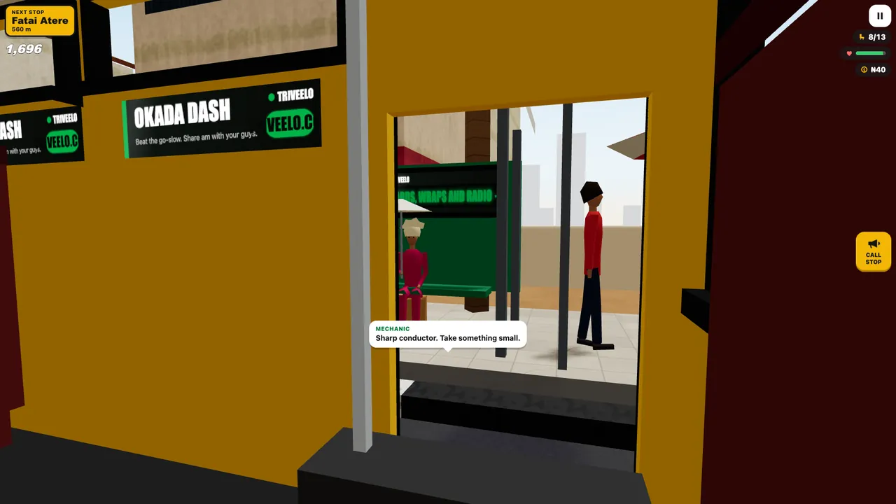 Change Dey: from inside the danfo, two riders wait at a bus stop and a mechanic calls out to the conductor