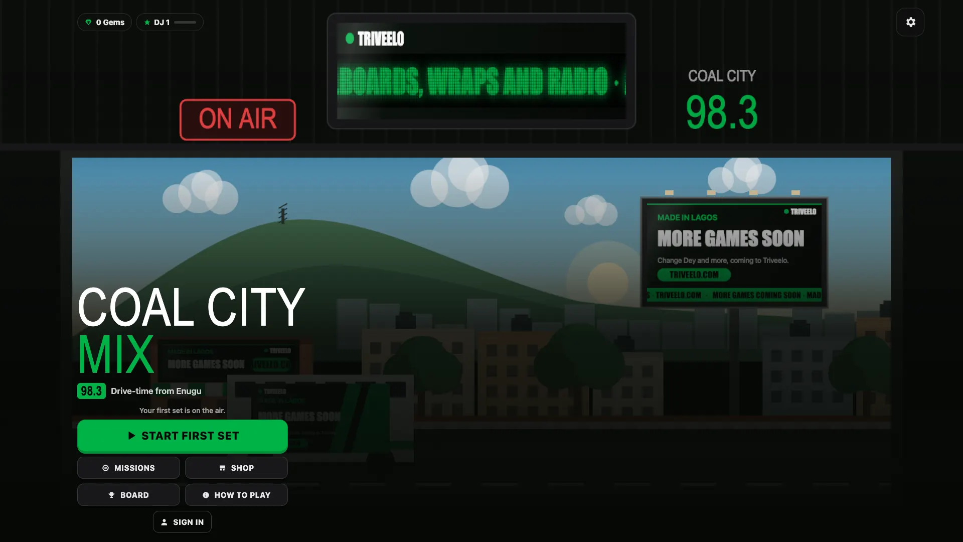 Coal City Mix: the title and Start first set button in a radio studio on Coal City 98.3, with the On Air sign and an Enugu hill behind