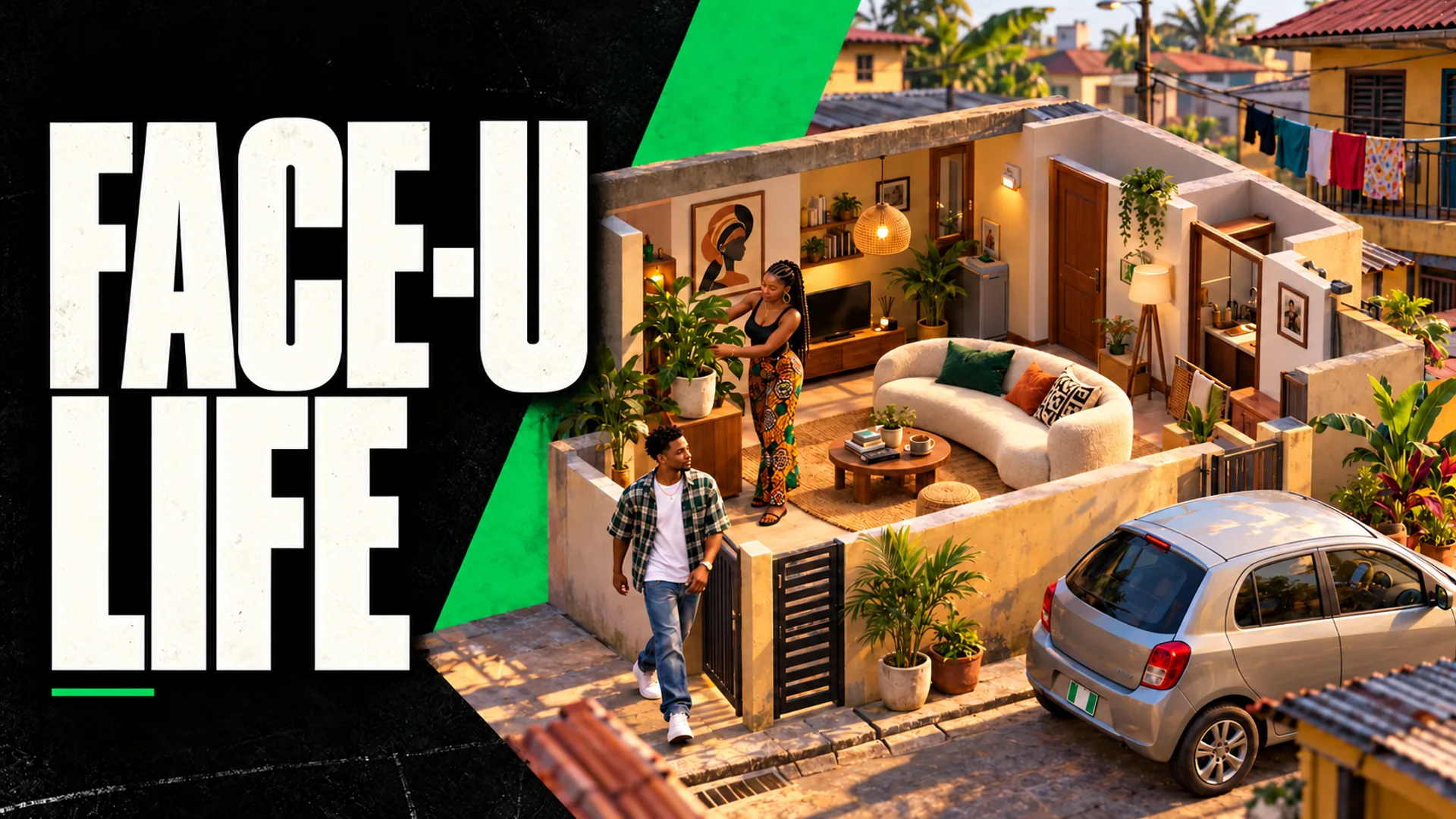 FACE-U Life: isometric life-sim artwork with a furnished courtyard home, two neighbours and a compact car