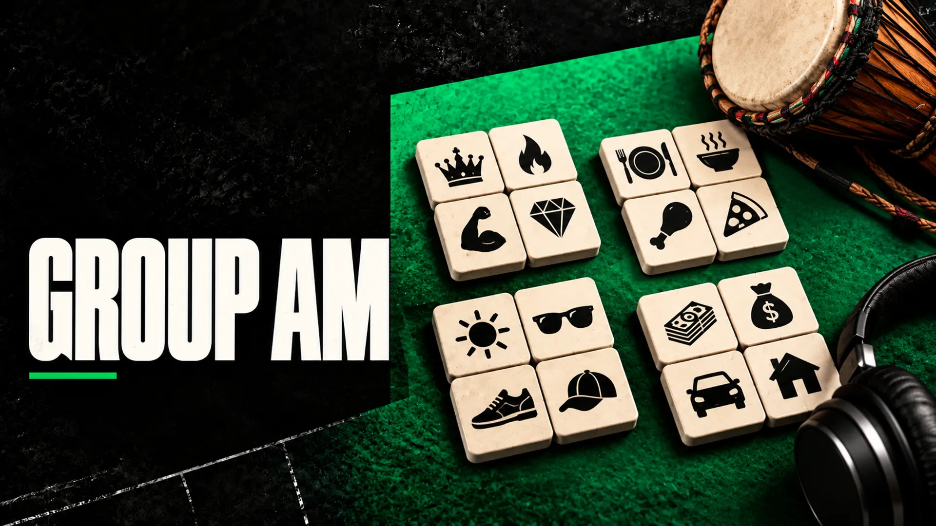 Group Am: cream puzzle tiles arranged in four groups on green felt