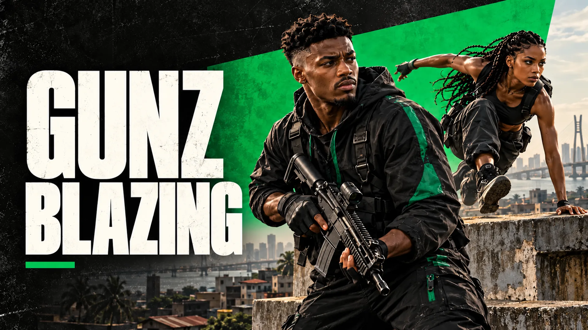 Gunz Blazing: two adult arena competitors above Lagos rooftops in a black and green action poster