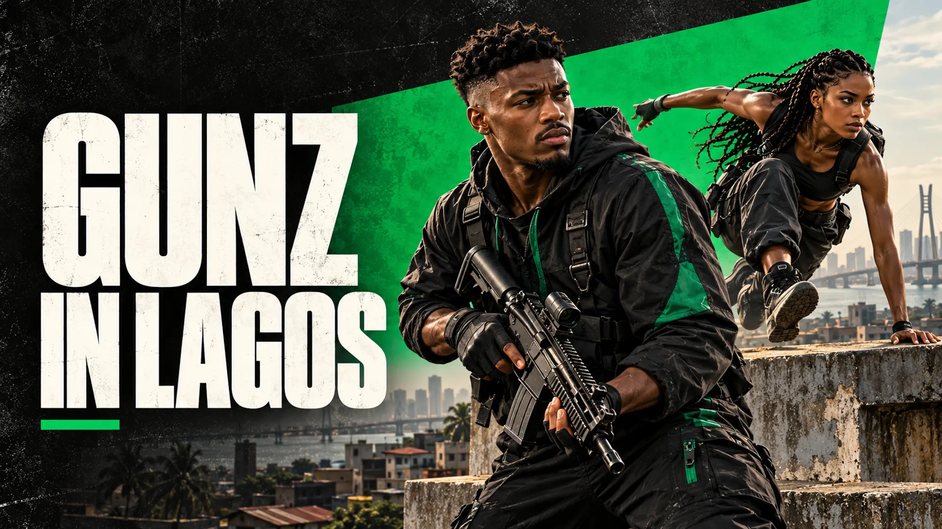 Arena competitors above Lagos rooftops in a black and green action poster