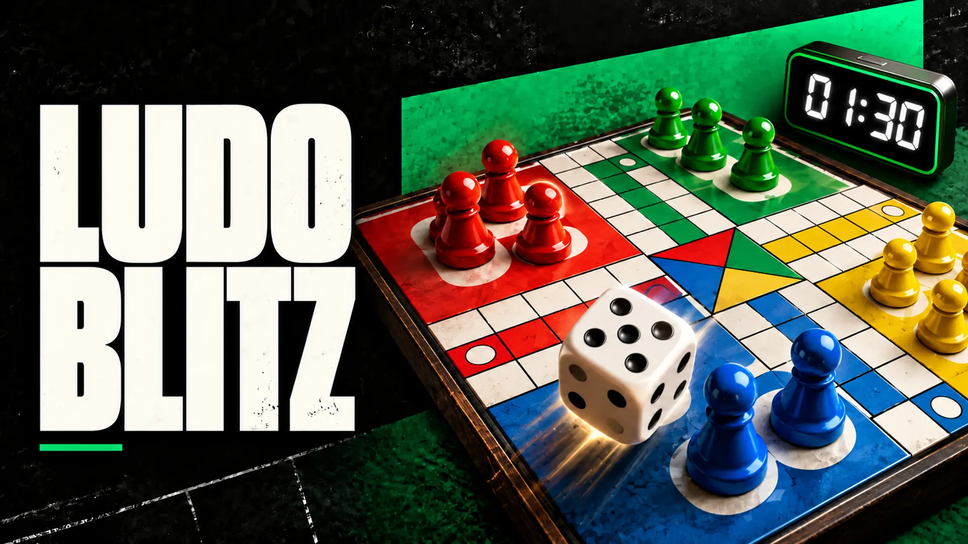 Ludo Blitz: colourful tokens and dice beside a digital timer showing 01:30