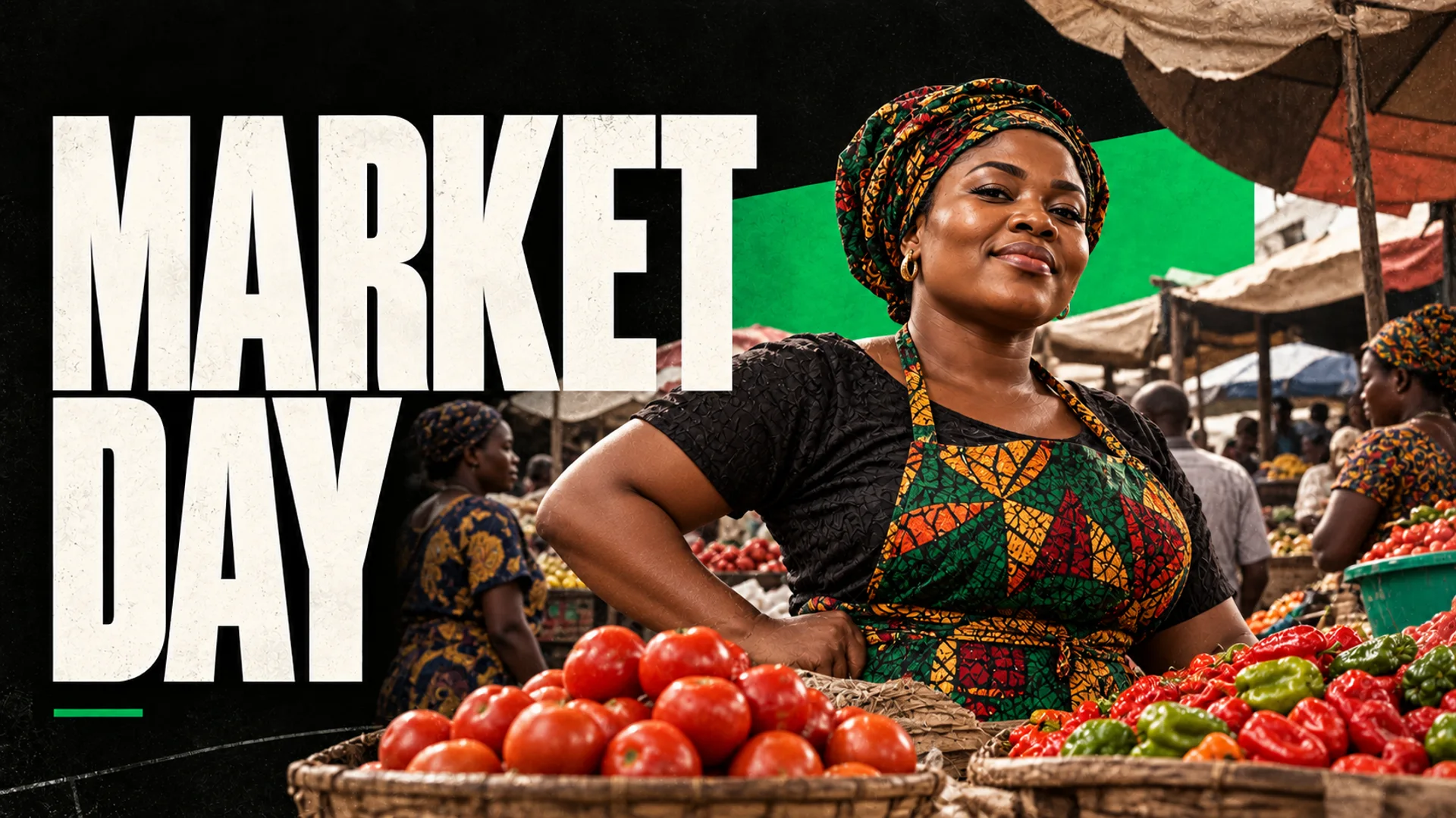 MARKET DAY: A trader behind baskets of tomatoes and peppers