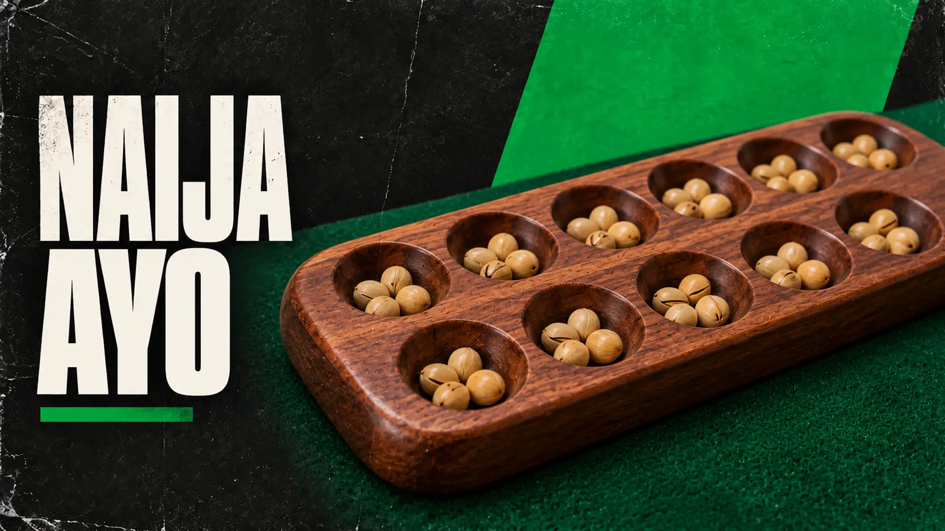 NAIJA AYO: A carved wooden seed board on green felt in a black and green editorial poster