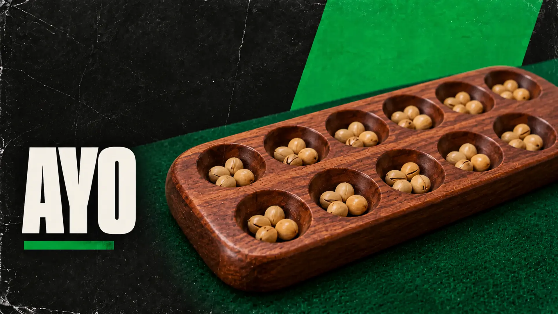 AYO: A carved wooden seed board on green felt in a black and green editorial poster