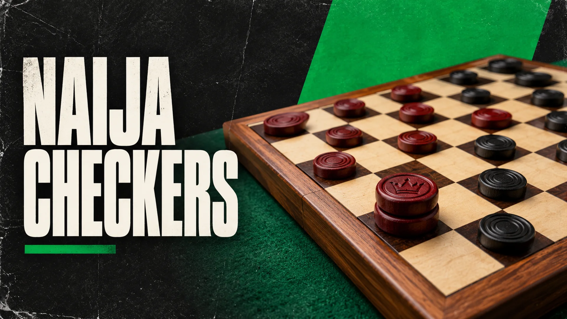 NAIJA CHECKERS: A wooden draughts board with burgundy and black pieces on green felt