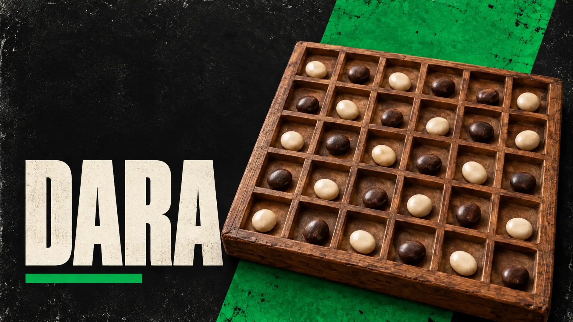Dara: wooden grid board with light and dark stone counters
