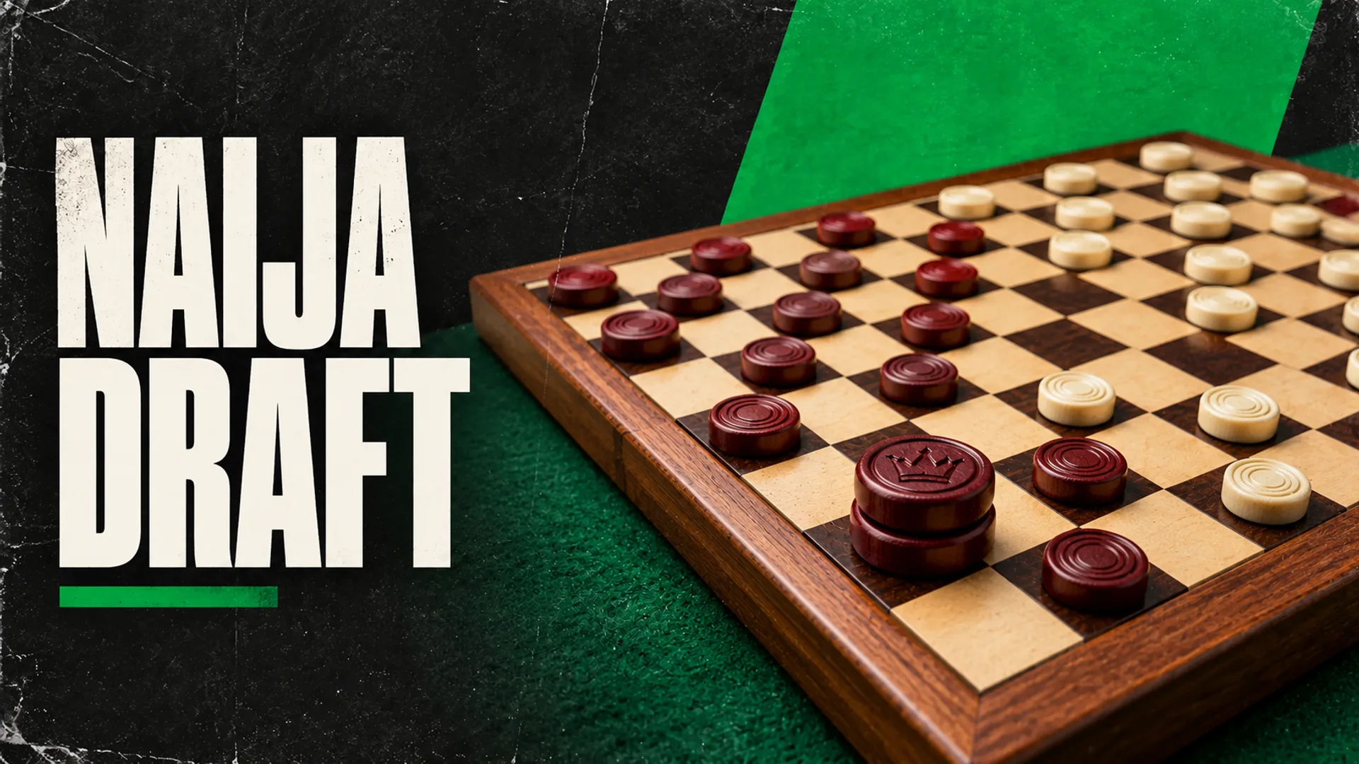 NAIJA DRAFT: A Nigerian 10 by 10 draughts board with crowned pieces on dark green felt