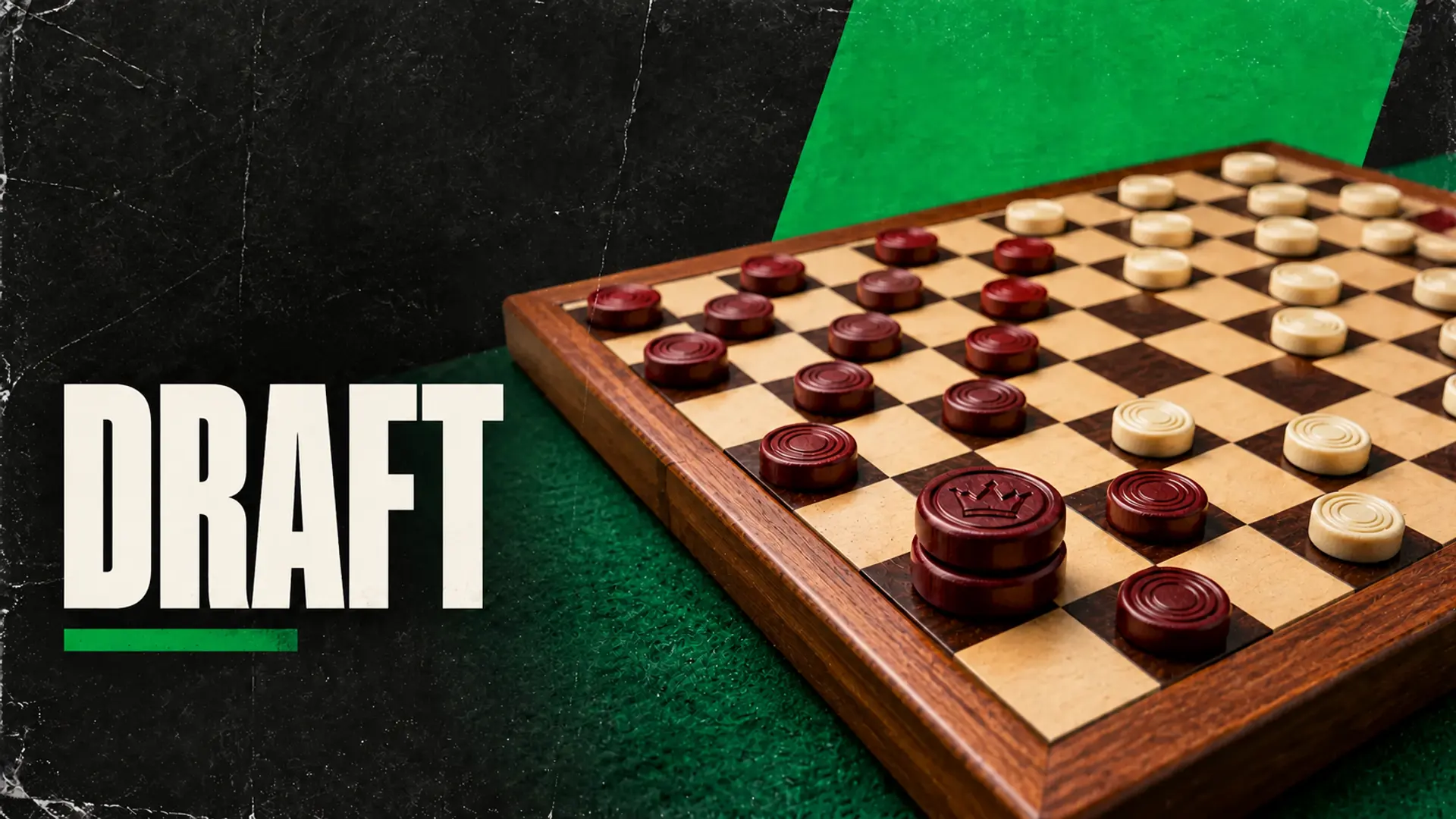 DRAFT: A 10 by 10 draughts board with crowned pieces on dark green felt