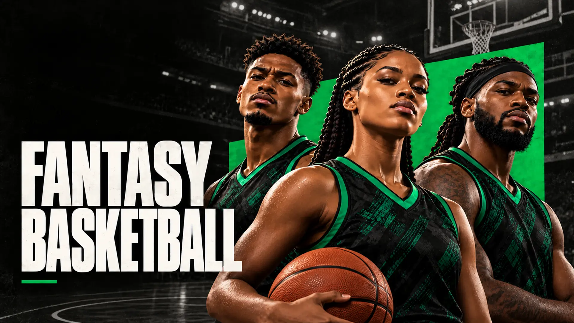 FANTASY BASKETBALL: Three basketball athletes in black and green jerseys