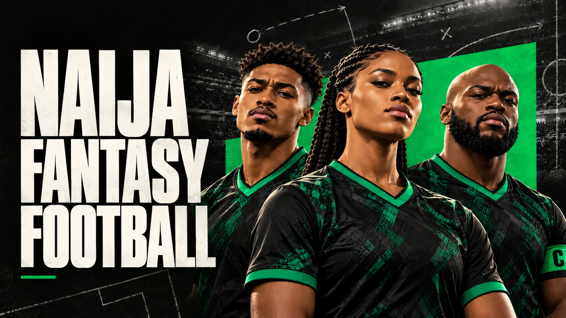 Naija Fantasy Football: three Nigerian footballers in a black and green editorial stadium poster