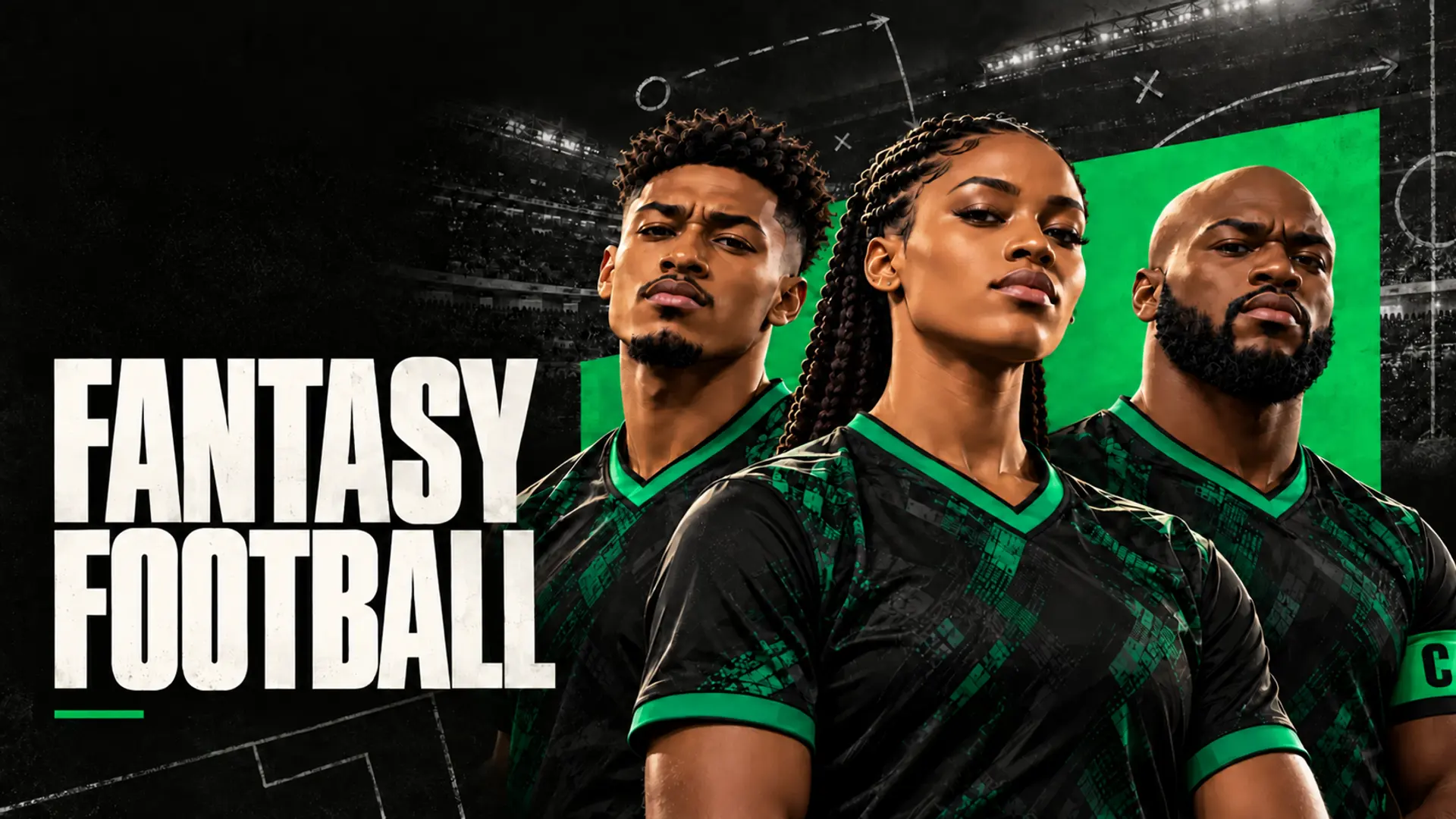 Fantasy Football: three footballers in a black and green editorial stadium poster