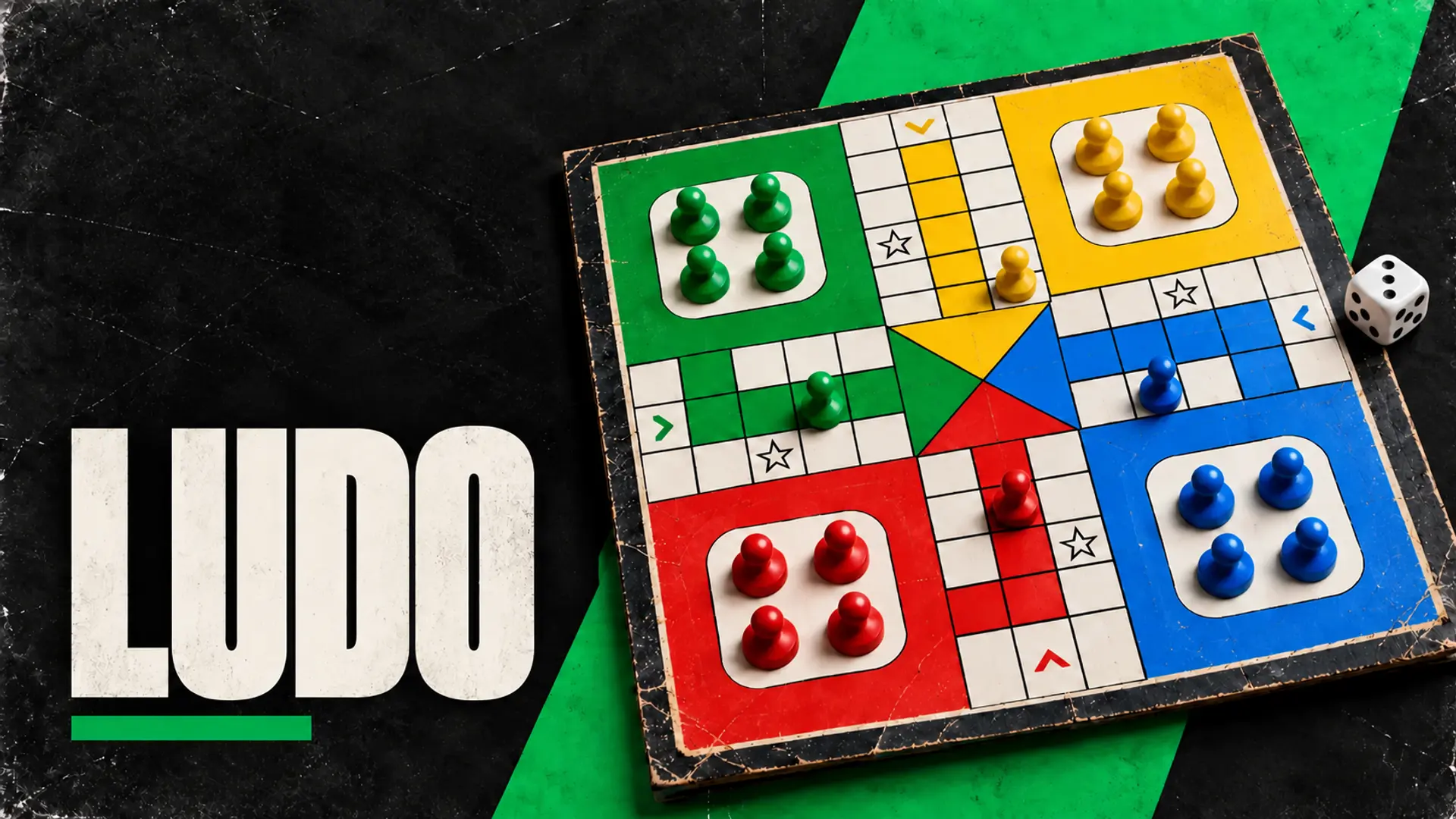 LUDO: A colourful Ludo board with dice and four sets of pieces
