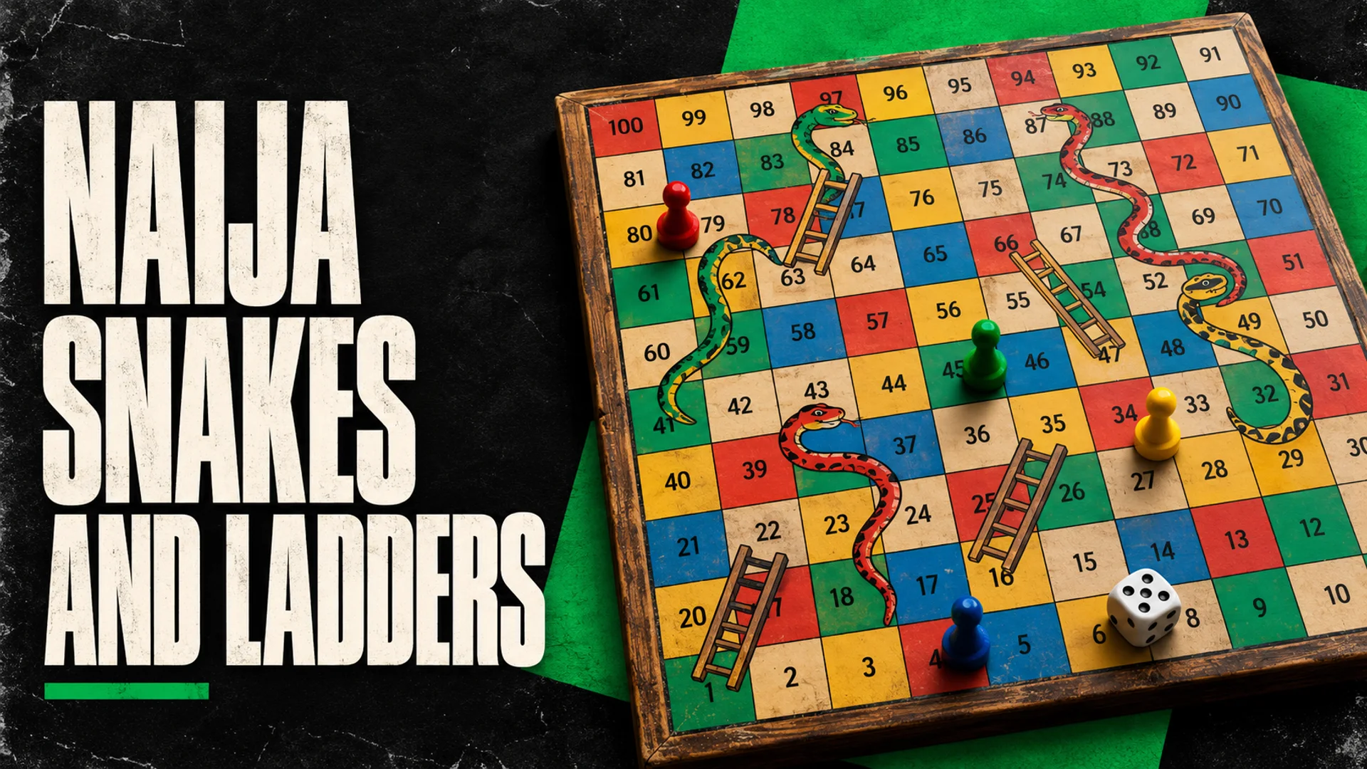 NAIJA SNAKES AND LADDERS: A numbered board with snakes, ladders and dice