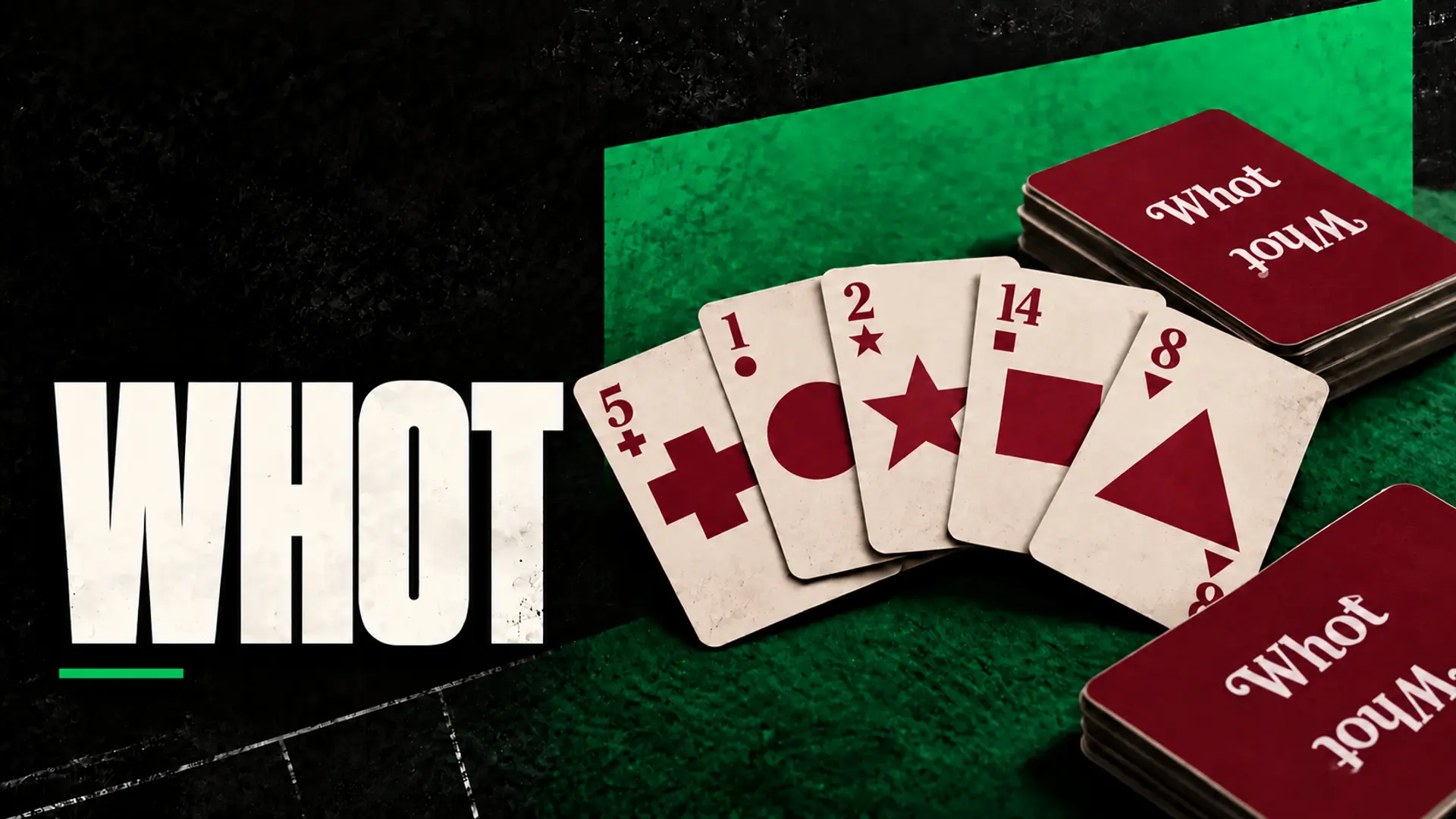 WHOT: Cream cards with burgundy symbols and burgundy Whot-backed decks on a green table