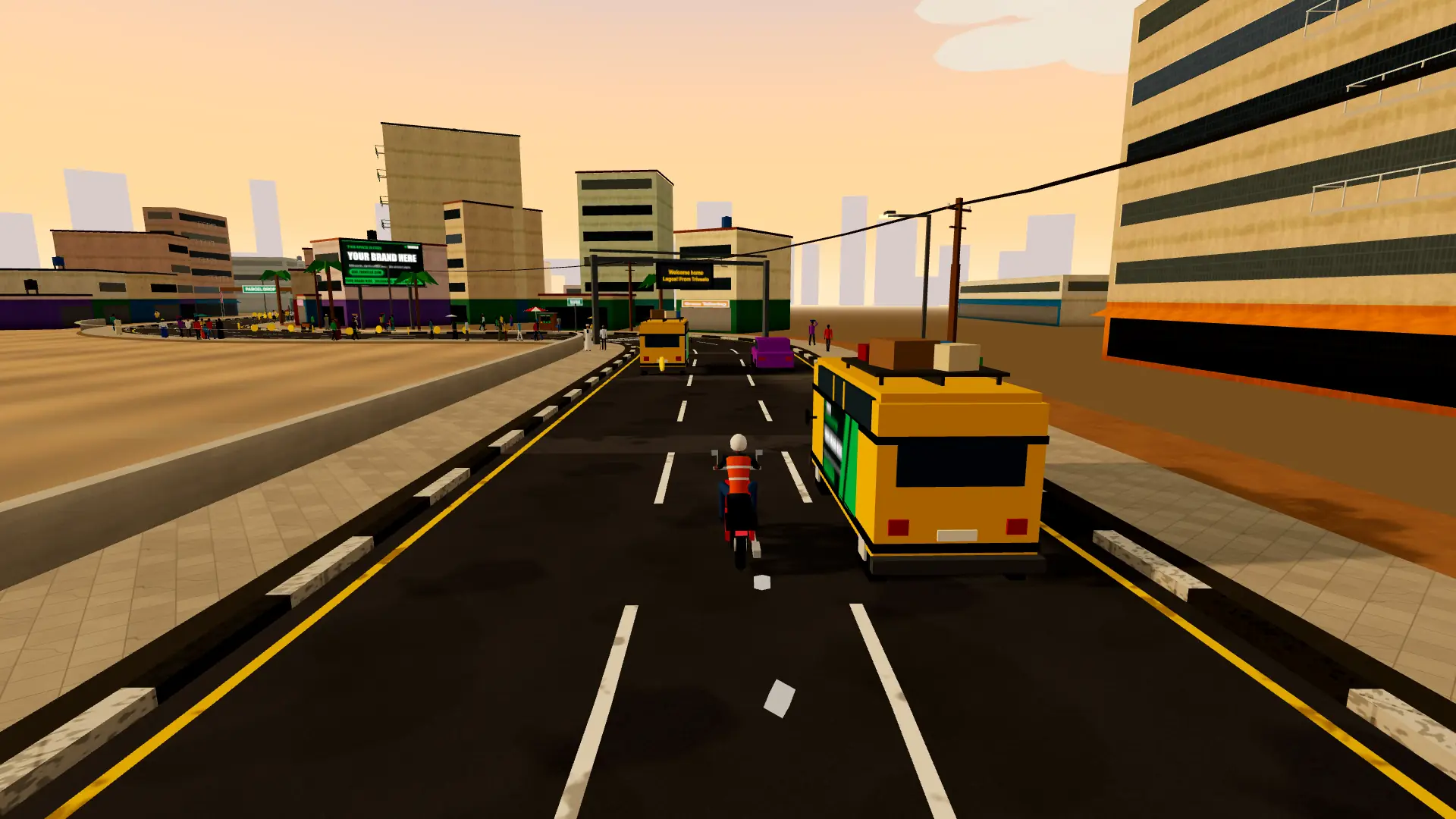 Okada Dash: an okada rider weaves past a yellow danfo on a Lagos road at sunset