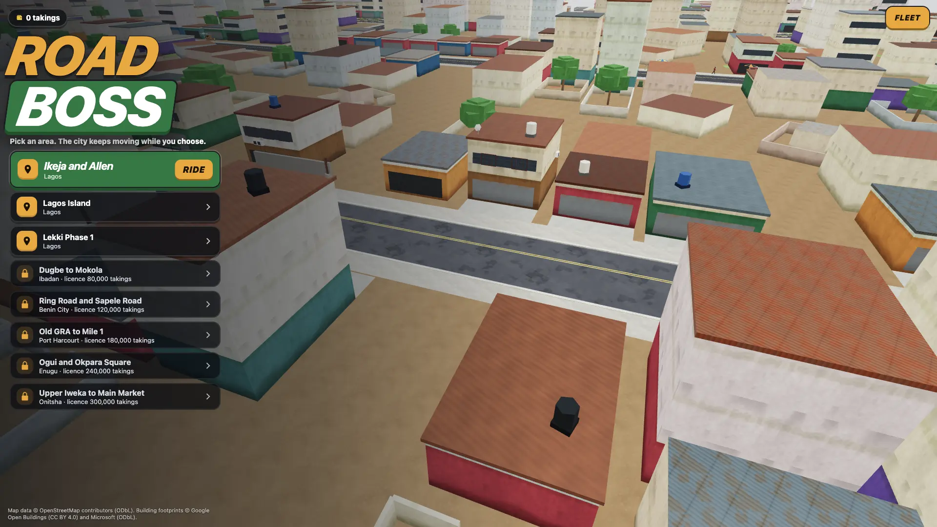 Road Boss: the title and Ride button over Ikeja, with the city streets moving behind the menu