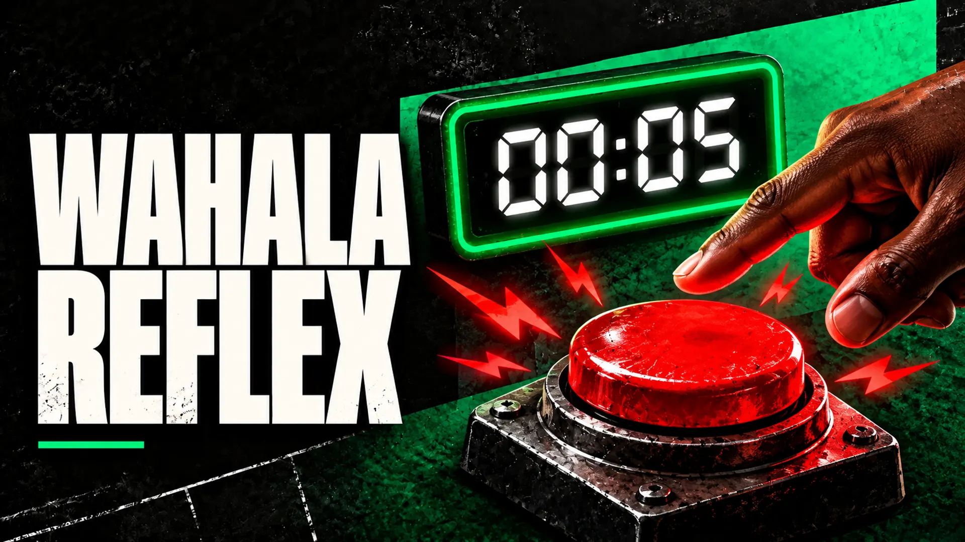 Wahala Reflex: a hand poised above an arcade button beside a digital countdown