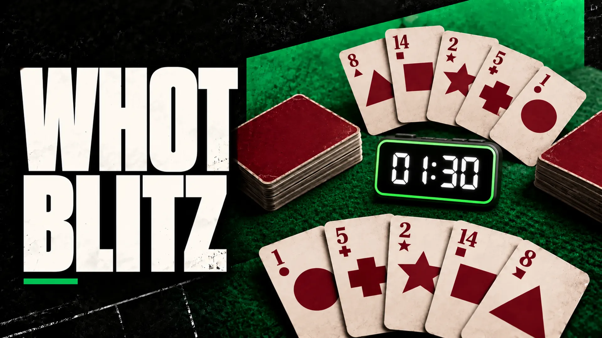 Whot Blitz: opposing hands of Whot cards beside a digital timer showing 01:30